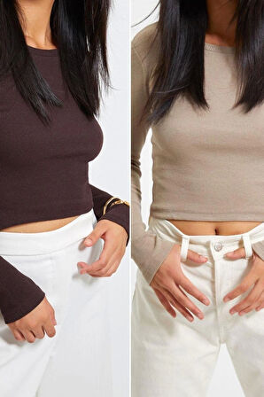 Moda Bisiklet Yaka Örme Slim Düz Desen Casual Günlük Crop Uzun Kol Bluz