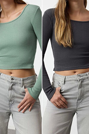 Stil Kadın 2li Paket Fitted Vücuda Oturan Geniş Yaka Fitilli Esnek Bluz Crop Örme Slim Kalıp