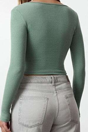 Stil Kadın 2li Paket Fitted Vücuda Oturan Geniş Yaka Fitilli Esnek Bluz Crop Örme Slim Kalıp