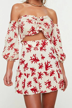 Moda Yüksek Bel Çiçekli Carmen Yaka Balon Kol Plaj Dokuma Balon Kollu Bluz Etek Takım