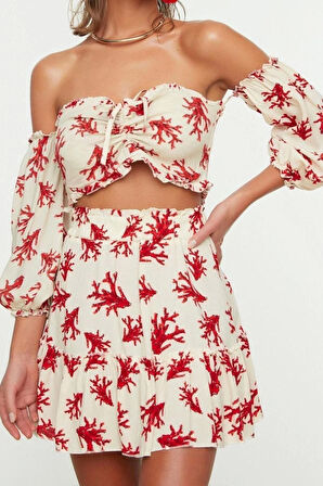 Moda Yüksek Bel Çiçekli Carmen Yaka Balon Kol Plaj Dokuma Balon Kollu Bluz Etek Takım