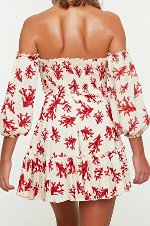 Moda Yüksek Bel Çiçekli Carmen Yaka Balon Kol Plaj Dokuma Balon Kollu Bluz Etek Takım