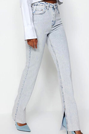 Stil Kadın Moda Denim Kot Pantolon Regular Boru Paça Yırtmaçlı Yüksek Bel Jeans