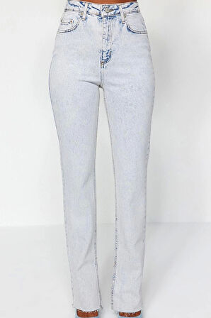 Stil Kadın Moda Denim Kot Pantolon Regular Boru Paça Yırtmaçlı Yüksek Bel Jeans