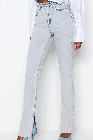 Stil Kadın Moda Denim Kot Pantolon Regular Boru Paça Yırtmaçlı Yüksek Bel Jeans