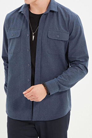 Moda Erkek Gömlek Yaka Düz Desen Günlük Regular Fit Çift Cep Kapaklı Kışlık Gömlek