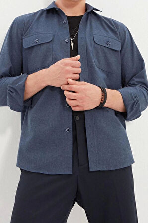 Moda Erkek Gömlek Yaka Düz Desen Günlük Regular Fit Çift Cep Kapaklı Kışlık Gömlek