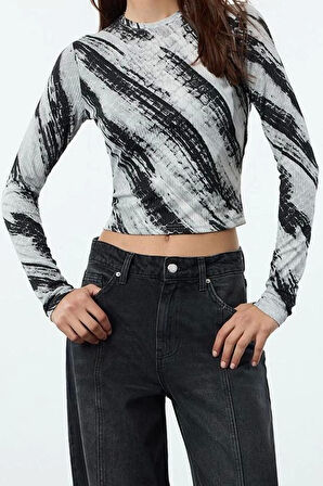 Stil Kadın Zebra Desenli Fitted Vücuda Oturan Fitilli Esnek Bluz Crop Örme Slim Kalıp