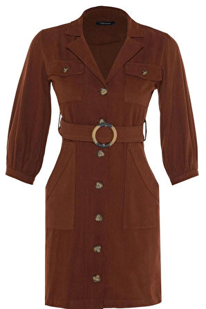 Moda Stil Regular Ceket Yaka Mini Boy Bağlama Detaylı Dokuma Elbise