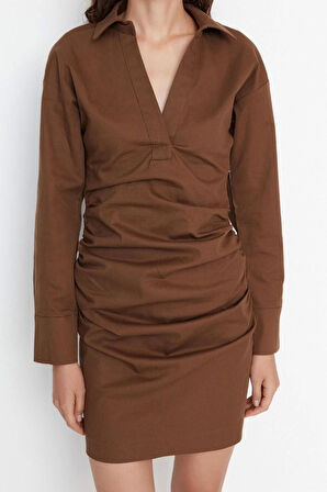 Moda Regular Gündüz Gece Gabardin Dokuma Gömlek Yaka Uzun Kol Gömlek Elbise Mini Boy Elbise