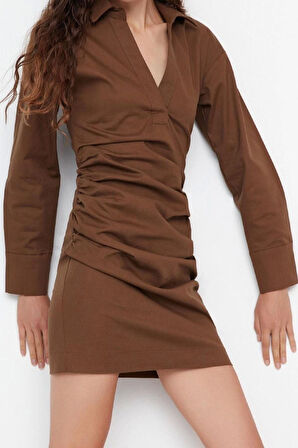 Moda Regular Gündüz Gece Gabardin Dokuma Gömlek Yaka Uzun Kol Gömlek Elbise Mini Boy Elbise