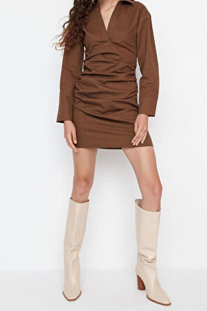 Moda Regular Gündüz Gece Gabardin Dokuma Gömlek Yaka Uzun Kol Gömlek Elbise Mini Boy Elbise