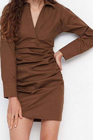 Moda Regular Gündüz Gece Gabardin Dokuma Gömlek Yaka Uzun Kol Gömlek Elbise Mini Boy Elbise