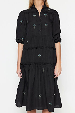 Moda Stil Regular Gömlek Yaka Midi Boy Açık Düz Kesim Nakışlı Dokuma Elbise