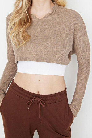 Stil Kadın Kol Triko Görünümlü Bluz Super Crop Örme Relaxed Kalıp Düşük Kol