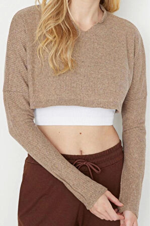 Stil Kadın Kol Triko Görünümlü Bluz Super Crop Örme Relaxed Kalıp Düşük Kol