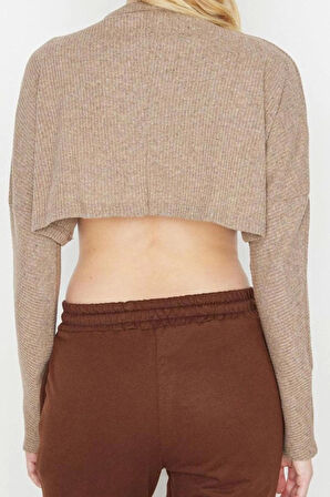 Stil Kadın Kol Triko Görünümlü Bluz Super Crop Örme Relaxed Kalıp Düşük Kol