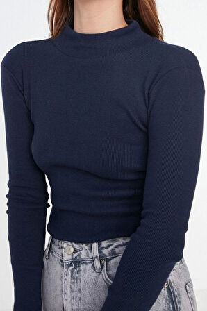 Moda Dik Yaka Örme Slim Düz Desen Casual Günlük Regular Uzun Kol Bluz