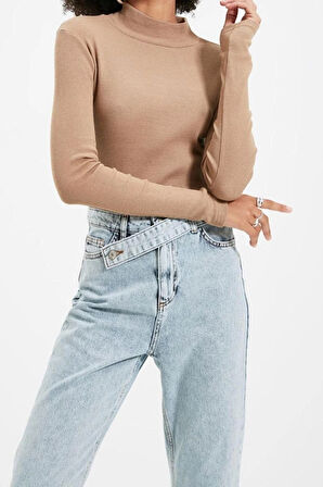 Moda Dik Yaka Örme Slim Düz Desen Casual Günlük Regular Uzun Kol Bluz