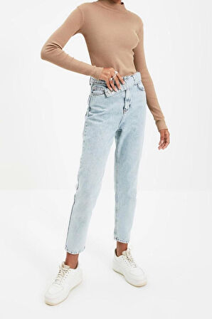 Moda Dik Yaka Örme Slim Düz Desen Casual Günlük Regular Uzun Kol Bluz