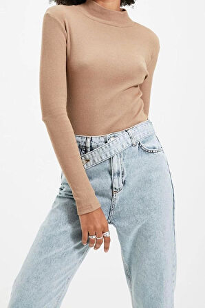 Moda Dik Yaka Örme Slim Düz Desen Casual Günlük Regular Uzun Kol Bluz