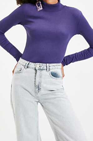 Moda Dik Yaka Örme Slim Düz Desen Casual Günlük Regular Uzun Kol Bluz