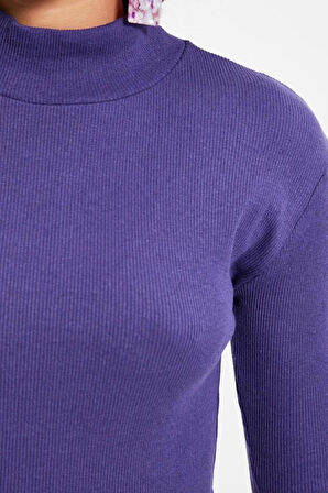 Moda Dik Yaka Örme Slim Düz Desen Casual Günlük Regular Uzun Kol Bluz