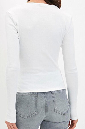 Stil Kadın Fitted Vücuda Oturan Yaka Kol Fitilli Esnek Bluz Regular Örme Slim Kalıp