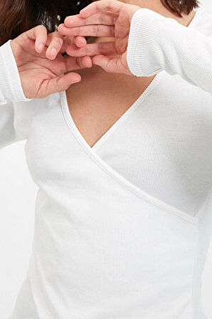 Stil Kadın Fitted Vücuda Oturan Yaka Kol Fitilli Esnek Bluz Regular Örme Slim Kalıp