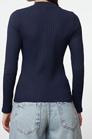 Moda Dik Yaka Örme Slim Düz Desen Casual Günlük Regular Uzun Kol Bluz