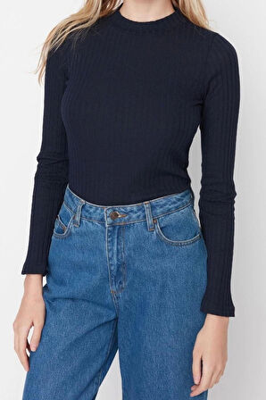 Moda Dik Yaka Örme Slim Düz Desen Casual Günlük Regular Uzun Kol Bluz