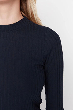 Moda Dik Yaka Örme Slim Düz Desen Casual Günlük Regular Uzun Kol Bluz