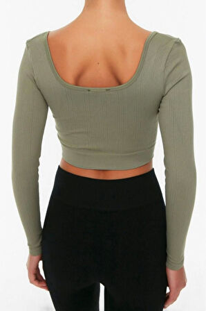 Moda Kare Yaka Örme Fit Düz Desen Sportswear Crop Uzun Kol Bluz