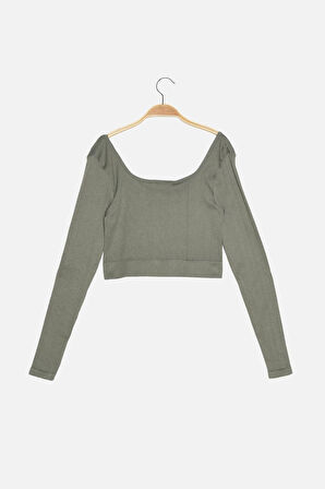 Moda Kare Yaka Örme Fit Düz Desen Sportswear Crop Uzun Kol Bluz