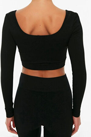 Moda Kare Yaka Örme Fit Düz Desen Sportswear Crop Uzun Kol Bluz