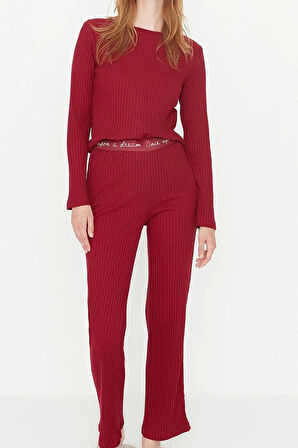 Tarz Rahat Uzun Kollu Geniş Paça Lastikli Fitilli Örme Pijama Takımı
