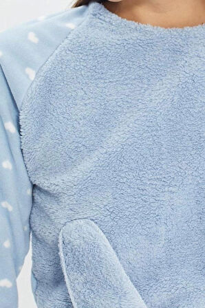 Tarz Rahat Uzun Kollu Boru Paça 3lü Kalpli Uyku Bantlı Polar Kışlık Örme Pijama Takımı