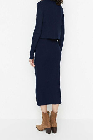 Moda Slim Casual Günlük Fitilli Triko V Yaka Uzun Kol Bodycone Midi Boy Elbise