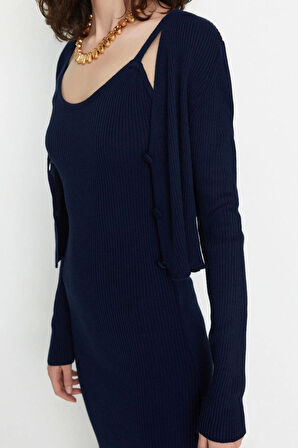 Moda Slim Casual Günlük Fitilli Triko V Yaka Uzun Kol Bodycone Midi Boy Elbise