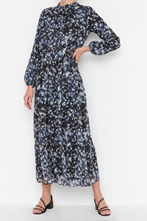 Moda Rahat Casual Günlük Şifon Dokuma Dik Yaka Uzun Kol Basic Maxi Boy Tesettür Elbise