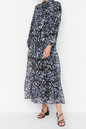 Moda Rahat Casual Günlük Şifon Dokuma Dik Yaka Uzun Kol Basic Maxi Boy Tesettür Elbise