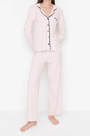 Tarz Rahat Uzun Kollu Geniş Paça %100 Pamuklu Çizgili Biyeli Örme Pijama Takımı