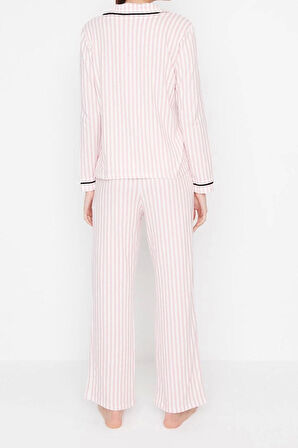Tarz Rahat Uzun Kollu Geniş Paça %100 Pamuklu Çizgili Biyeli Örme Pijama Takımı