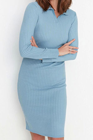 Moda Slim Casual Günlük Fitilli Triko Polo Yaka Uzun Kol Bodycone Midi Boy Elbise