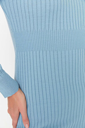 Moda Slim Casual Günlük Fitilli Triko Polo Yaka Uzun Kol Bodycone Midi Boy Elbise