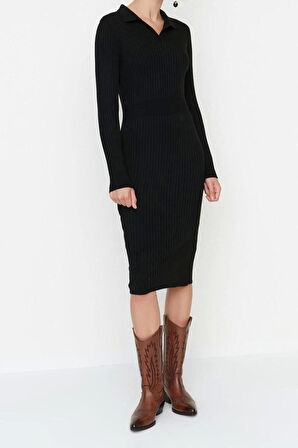 Moda Slim Casual Günlük Fitilli Triko Polo Yaka Uzun Kol Bodycone Midi Boy Elbise