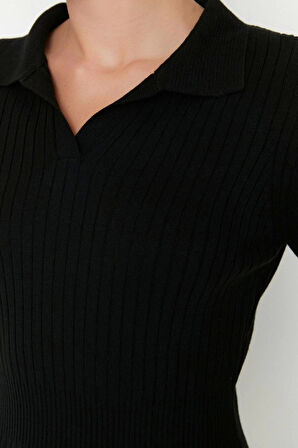 Moda Slim Casual Günlük Fitilli Triko Polo Yaka Uzun Kol Bodycone Midi Boy Elbise
