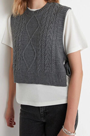 Kadın Modern Tarz Rahat Kolsuz Bisiklet Yaka Saç Örgü Kol Crop Triko Süveter