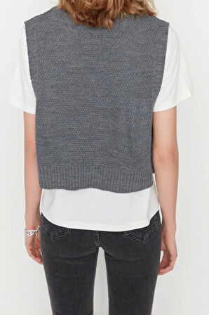 Kadın Modern Tarz Rahat Kolsuz Bisiklet Yaka Saç Örgü Kol Crop Triko Süveter