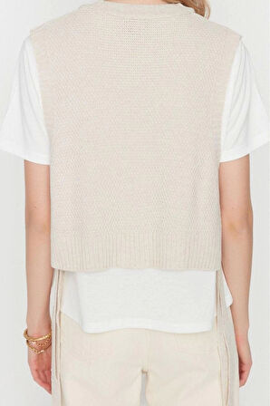 Kadın Modern Tarz Rahat Kolsuz Bisiklet Yaka Saç Örgü Kol Crop Triko Süveter